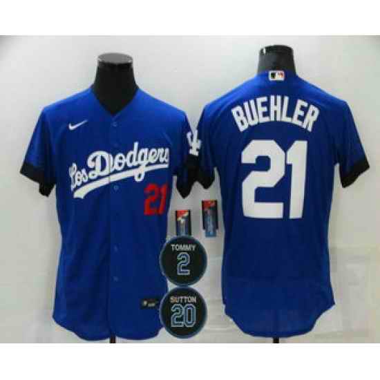 Men Los Angeles Dodgers 21 Walker Buehler Blue #2 20 Patch City Connect Flex Base Stitched Jersey