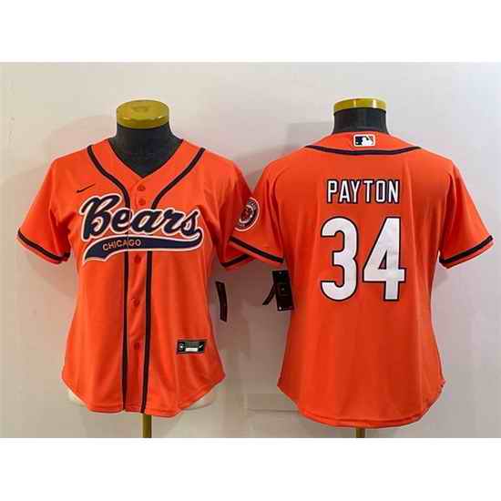 Women Chicago Bears #34 Walter Payton Orange With Patch Cool Base Stitched Baseball Jersey