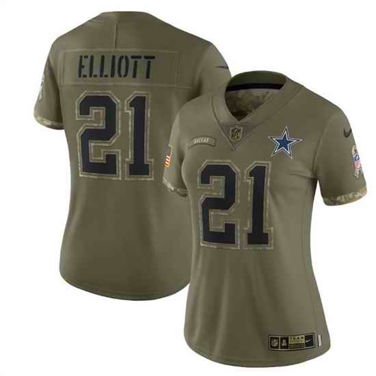 Women Dallas Cowboys #21 Ezekiel Elliott 2022 Olive Salute To Service Limited Stitched Jersey