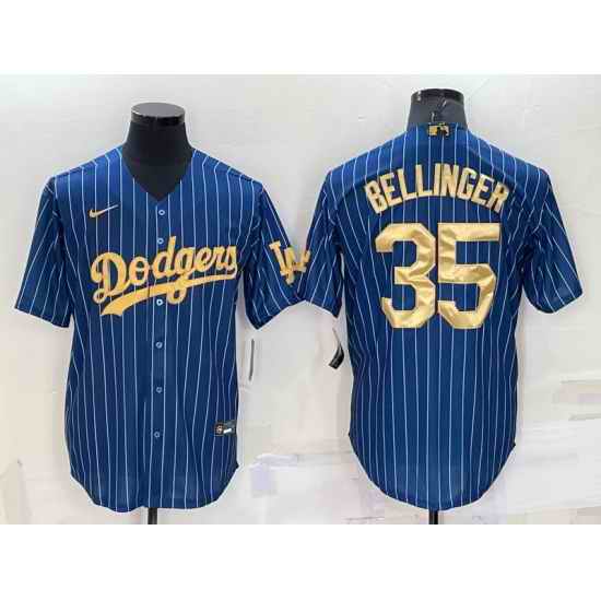 Men Los Angeles Dodgers #35 Cody Bellinger Navy Gold Cool Base Stitched Baseball Jersey