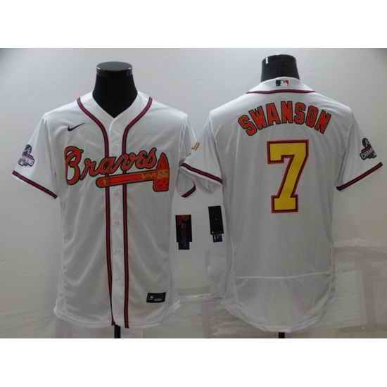 Men's Nike Atlanta Braves #7 Dansby Swanson White Gold Champions MLB Jersey