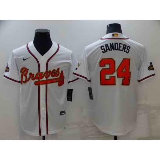 Men Atlanta Braves #24 Deion Sanders 2022 White Gold World Series Champions Program Cool Base Stitched Baseball jersey