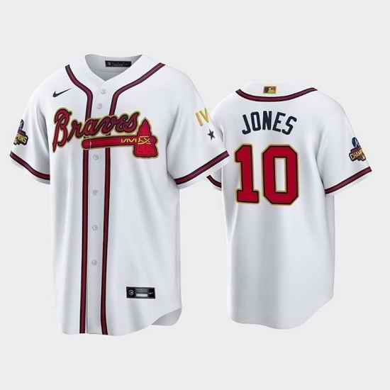 Men Atlanta Braves #10 Chipper Jones 2022 White Gold World Series Champions Program Cool Base Stitched Baseball jersey