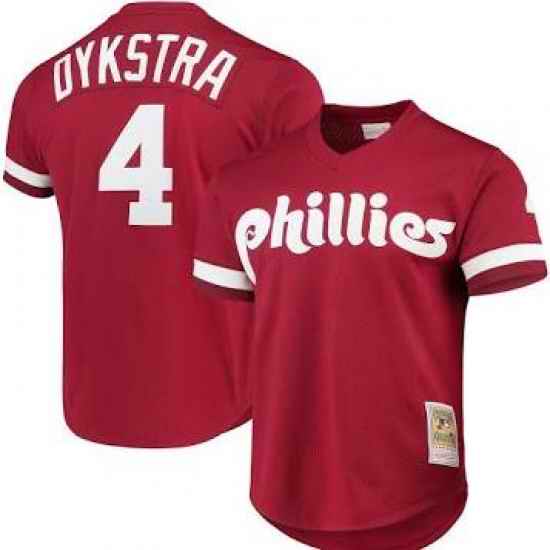 Men Philadelphia Phillies #4 Lenny Dykstra Red Cooperstown Mesh Batting Practice Jersey->montreal expos->MLB Jersey