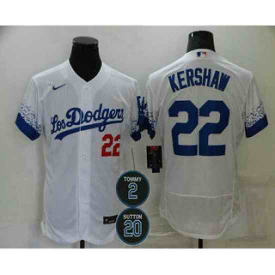 Men Los Angeles Dodgers 22 Clayton Kershaw White #2 20 Patch City Connect Flex Base Stitched Jersey