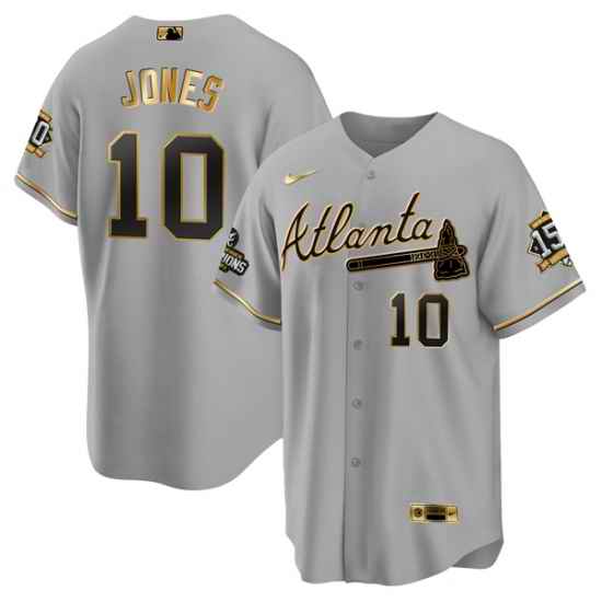 Men Atlanta Braves #10 Chipper Jones 2021 Grey Gold World Series Champions With 150th Anniversary Patch Cool Base Stitched Jersey