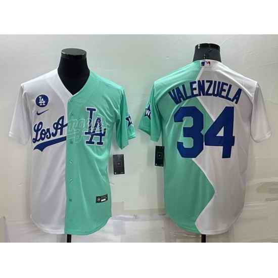 Men Los Angeles Dodgers #34 Fernando Valenzuela 2022 All Star White Green Cool Base Stitched Baseball Jerseys