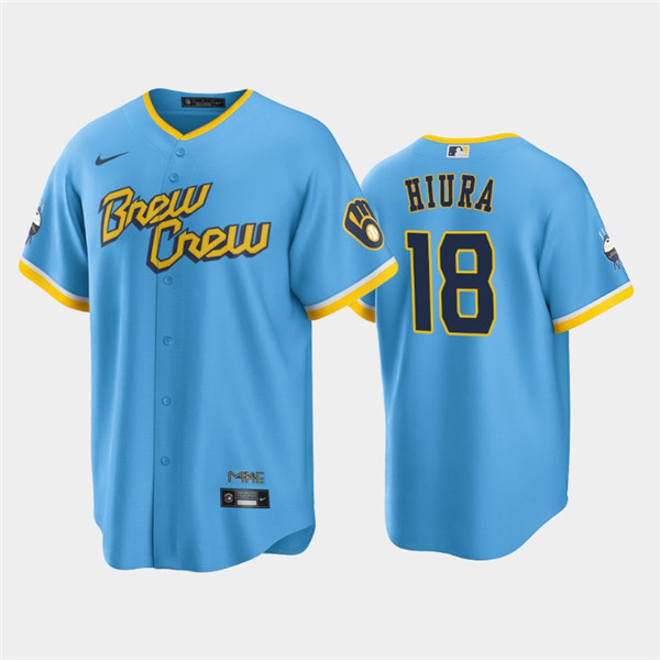 Men's Milwaukee Brewers #18 Keston Hiura Powder Blue 2022 City Connect Cool Base Stitched Jersey->milwaukee brewers->MLB Jersey