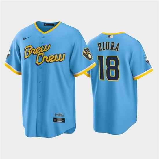 Men Milwaukee Brewers #18 Keston Hiura 2022 Powder Blue City Connect Cool Base Stitched Jersey->milwaukee brewers->MLB Jersey