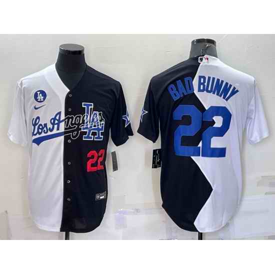 Men Los Angeles Dodgers #22 Bad Bunny 2022 All Star White Black Split Cool Base Stitched Baseball Jersey