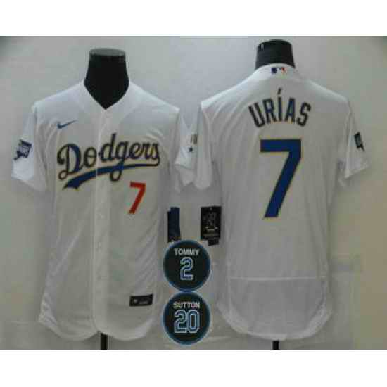 Men Los Angeles Dodgers 7 Julio Urias White Gold #2 20 Patch Stitched MLB Flex Base Nike Jersey