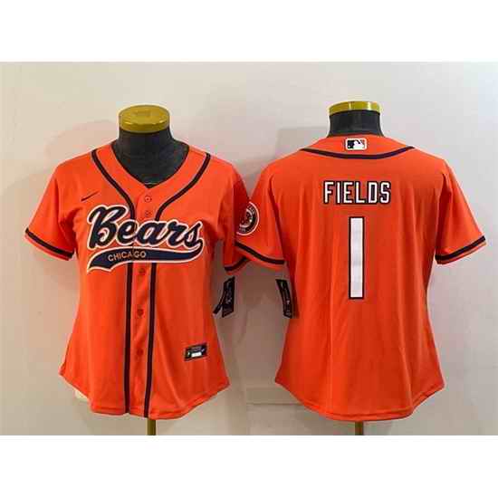 Women Chicago Bears #1 Justin Fields Orange With Patch Cool Base Stitched Baseball Jersey