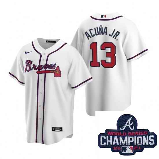 Men Nike Atlanta Braves #13 Ronald Acuna Jr White Home Stitched Baseball Stitched MLB 2021 Champions Patch Jersey->2021 world series->MLB Jersey