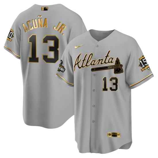 Men Atlanta Braves #13 Ronald Acuna Jr  2021 Grey Gold World Series Champions With 150th Anniversary Patch Cool Base Stitched Jersey