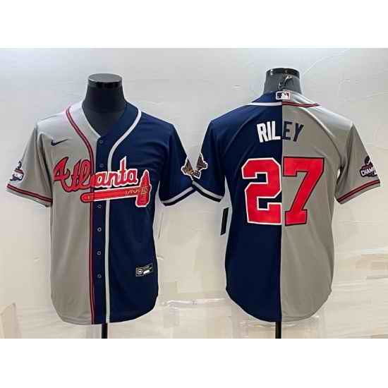 Men's Atlanta Braves #27 Austin Riley Gray Navy Two Tone Split Cool Base Stitched Baseball Jersey