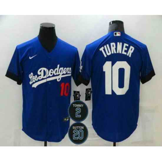Men Los Angeles Dodgers 10 Justin Turner Blue #2 20 Patch City Connect Number Cool Base Stitched Jersey