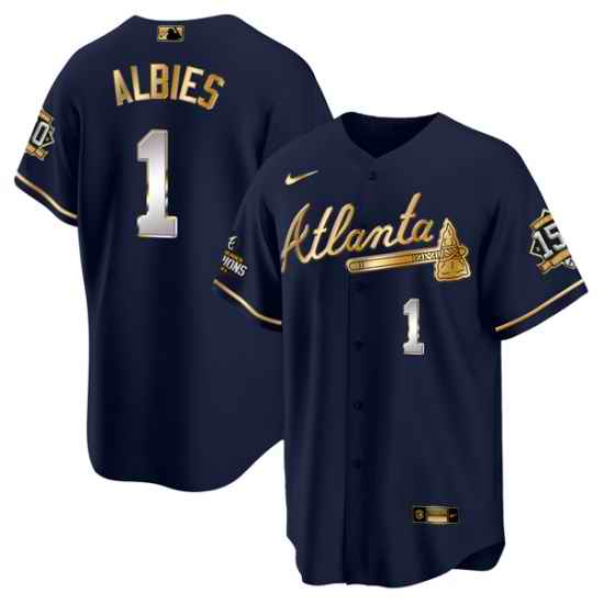 Men Atlanta Braves #1 Ozzie Albies 2021 Navy Gold World Series Champions With 150th Anniversary Patch Cool Base Stitched Jersey