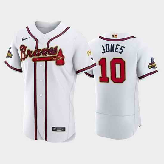 Men Atlanta Braves #10 Chipper Jones 2022 White Gold World Series Champions Program Flex Base Stitched Baseball jersey