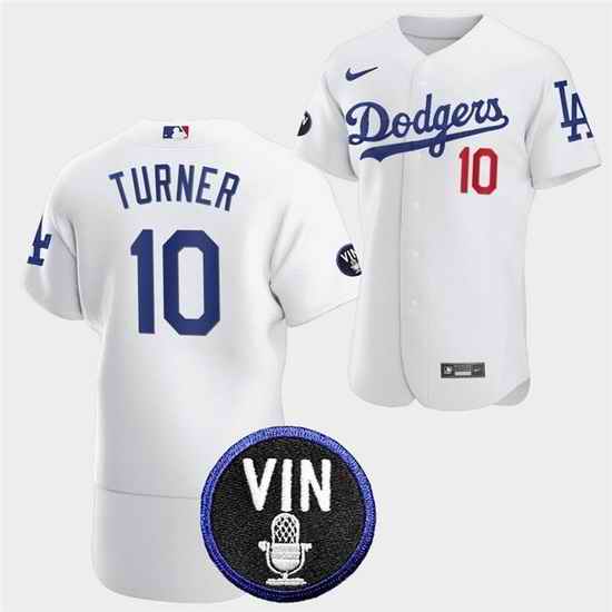 Men Los Angeles Dodgers #10 Justin Turner 2022 White Vin Scully Patch Flex Base Stitched Baseball Jersey