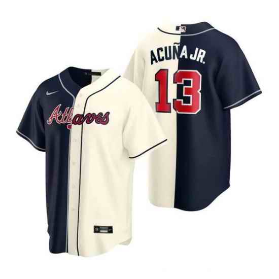 Men Atlanta Braves #13 Ronald Acuna Jr  Navy Cream Split Cool Base Stitched Baseball Jersey->nike air zoom pegasus 39->Sneakers