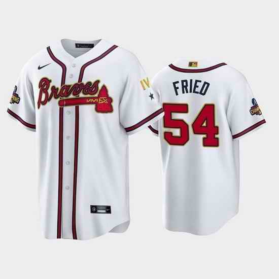 Men Atlanta Braves #54 Max Fried 2022 White Gold World Series Champions Program Cool Base Stitched Baseball jersey