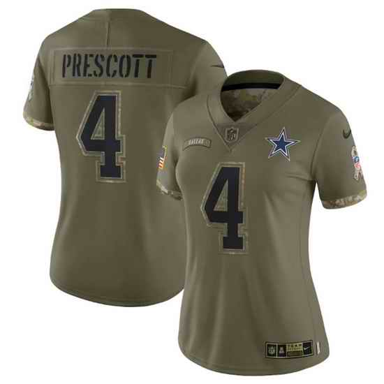 Women Dallas Cowboys #4 Dak Prescott Olive 2022 Salute To Service Limited Stitched Jersey