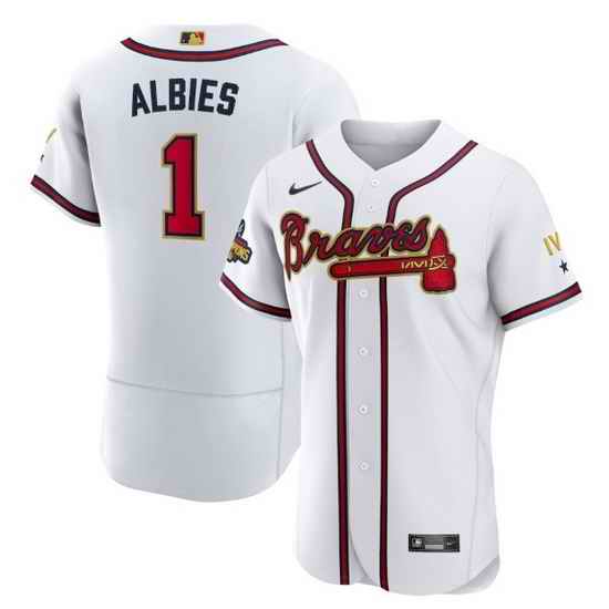 Men Atlanta Braves #1 Ozzie Albies 2022 White Gold World Series Champions Program Flex Base Stitched Baseball jersey