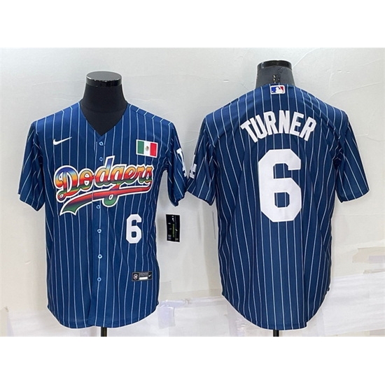Men Los Angeles Dodgers #6 Trea Turner Navy Mexico Rainbow Cool Base Stitched Baseball Jersey