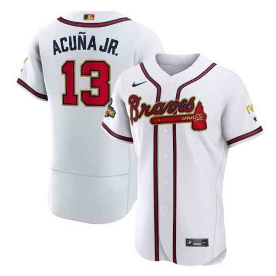 Men Atlanta Braves #13 Ronald Acu F1a Jr  2022 White Gold World Series Champions Program Flex Base Stitched Baseball jersey