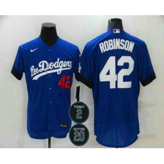 Men Los Angeles Dodgers 42 Jackie Robinson Blue #2 20 Patch City Connect Flex Base Stitched Jersey