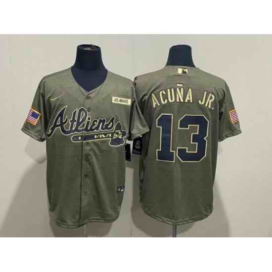 Men Atlanta Braves #13 Ronald Acuna Jr  2021 Camo Salute To Service Cool Base Stitched Jersey