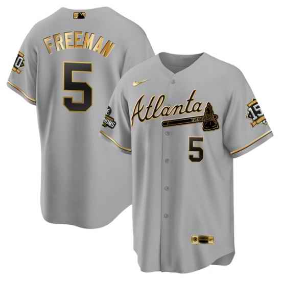 Men Atlanta Braves #5 Freddie Freeman 2021 Grey Gold World Series Champions With 150th Anniversary Patch Cool Base Stitched Jersey
