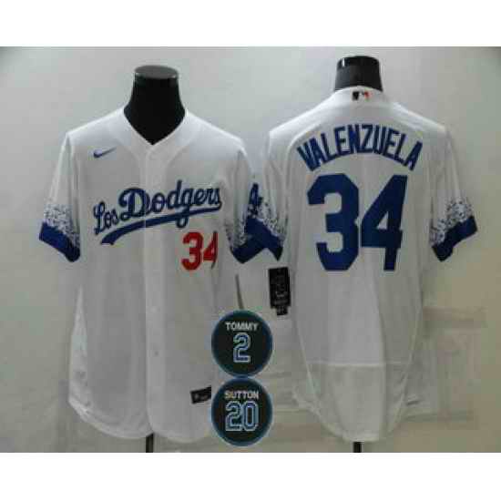 Men Los Angeles Dodgers 34 Fernando Valenzuela White #2 20 Patch City Connect Flex Base Stitched Jersey