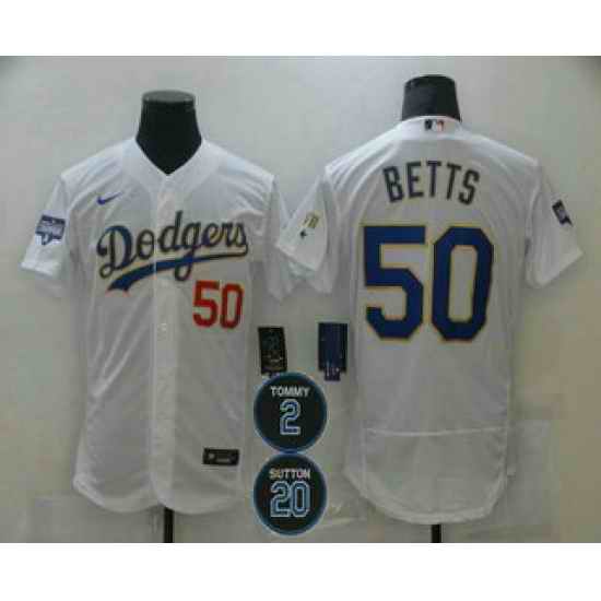 Men Los Angeles Dodgers 50 Mookie Betts White Gold #2 20 Patch Flex Base Sttiched MLB Jersey