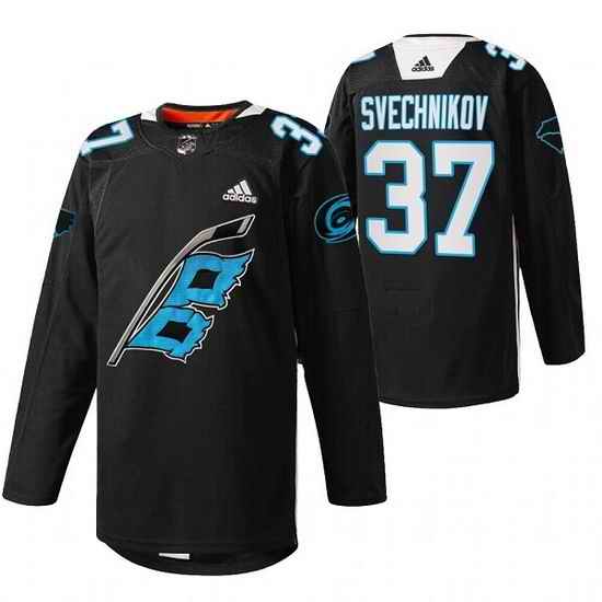 Men Carolina Hurricanes #37 Andrei Svechnikov 2022 Black Warm Up Stitched Jersey