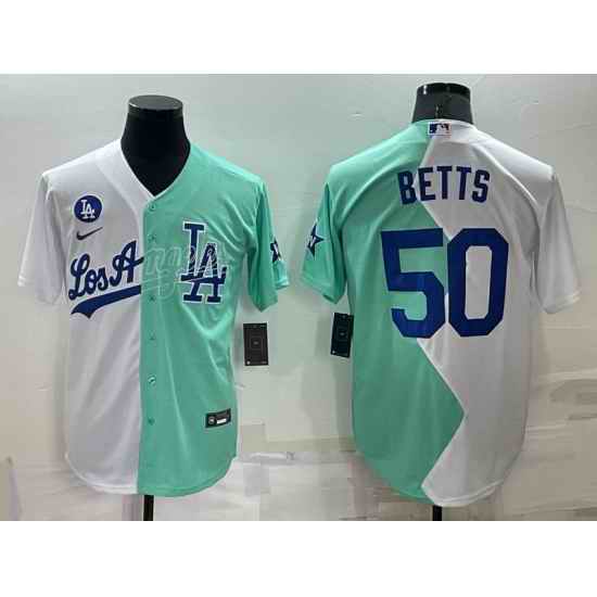 Men Los Angeles Dodgers #50 Mookie Betts 2022 All Star White  Green Cool Base Stitched Baseball Jersey
