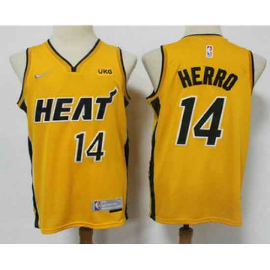 Men Miami Heat #14 Tyler Herro Yellow Nike Swingman 2021 Earned Edition Stitched Jersey With NEW Sponsor Logo