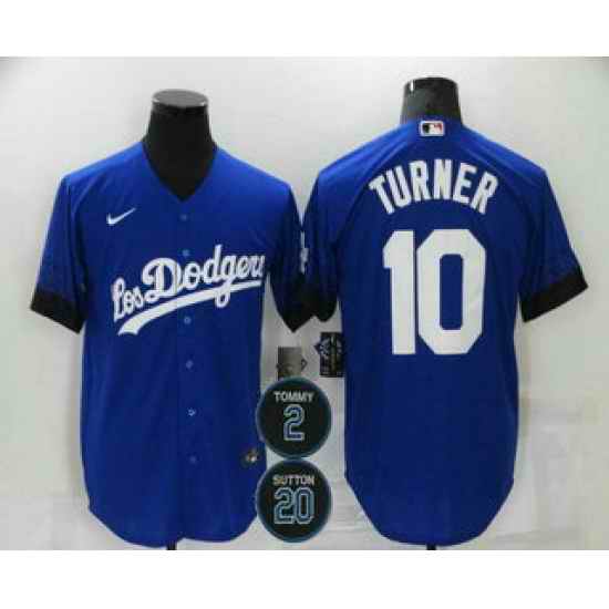 Men Los Angeles Dodgers 10 Justin Turner Blue #2 20 Patch City Connect Cool Base Stitched Jersey