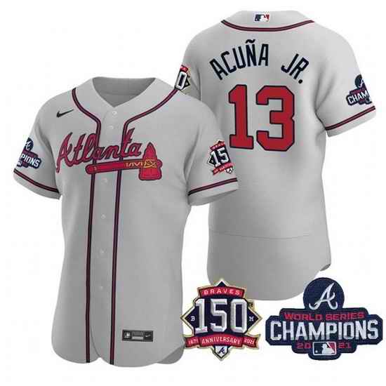 Men's Grey Atlanta Braves #13 Ronald Acuna Jr. 2021 World Series Champions With 150th Anniversary Flex Base Stitched Jersey->2021 world series->MLB Jersey