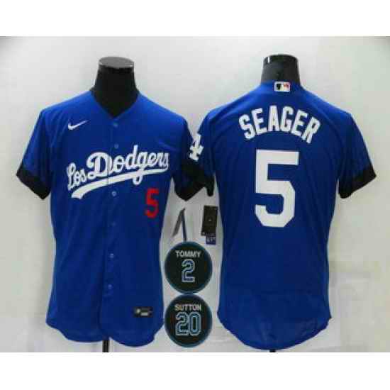 Men Los Angeles Dodgers 5 Corey Seager Blue #2 20 Patch City Connect Flex Base Stitched Jersey