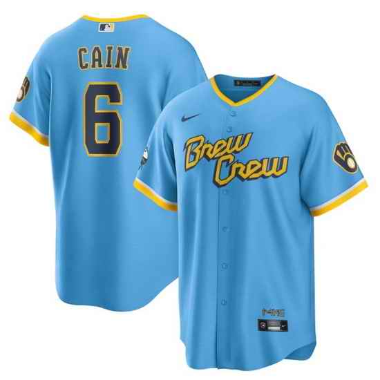 Men Milwaukee Brewers #6 Lorenzo Cain 2022 Powder Blue City Connect Cool Base Stitched Jersey->milwaukee brewers->MLB Jersey