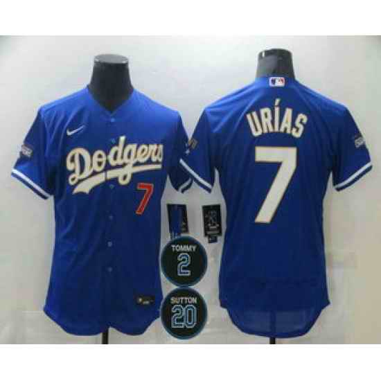 Men Los Angeles Dodgers 7 Julio Urias Blue Gold #2 20 Patch Stitched MLB Flex Base Nike Jersey