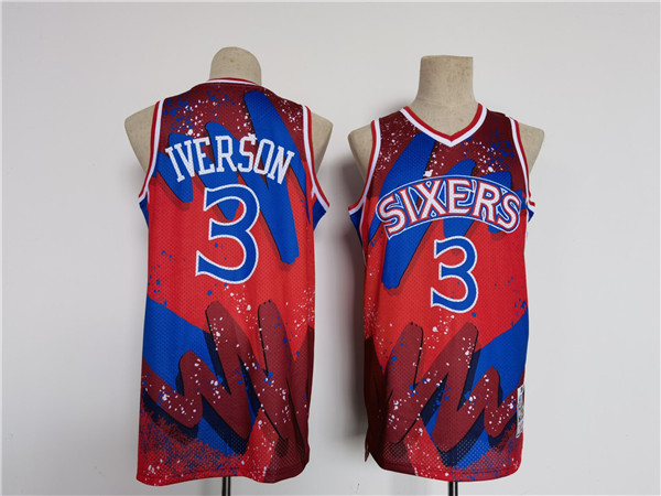 Men's Philadelphia 76ers #3 Allen Iverson Red/Black Throwback basketball Jersey->miami heat->NBA Jersey