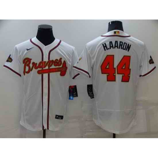 Men Atlanta Braves #44 Hank Aaron 2022 White Gold World Series Champions Program Flex Base Stitched Baseball jersey