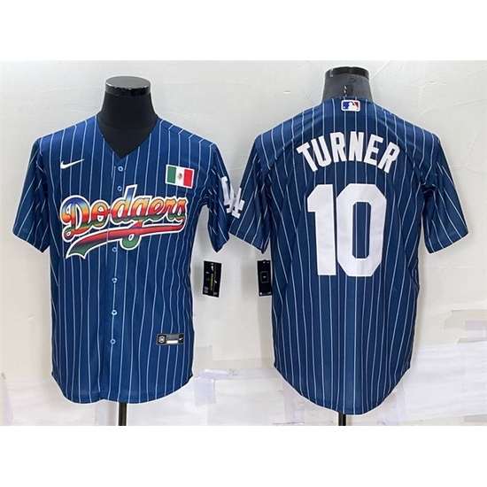 Men Los Angeles Dodgers #10 Justin Turner Navy Mexico Rainbow Cool Base Stitched Baseball Jersey