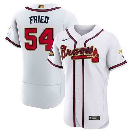 Men Atlanta Braves #54 Max Fried 2022 White Gold World Series Champions Program Flex Base Stitched Baseball jersey