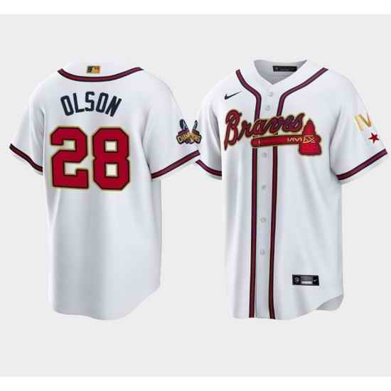 Men Atlanta Braves #28 Matt Olson 2022 White Gold World Series Champions Program Cool Base Stitched Baseball jersey