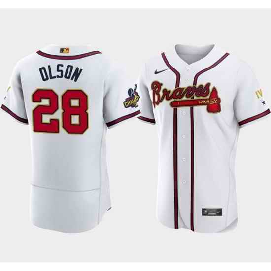 Men Atlanta Braves #28 Matt Olson 2022 White Gold World Series Champions Program Flex Base Stitched Baseball jersey