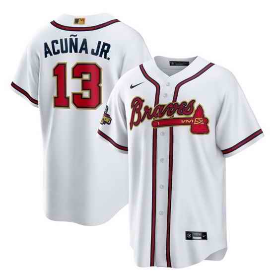 Men Atlanta Braves #13 Ronald Acu F1a Jr  2022 White Gold World Series Champions Program Cool Base Stitched Baseball jersey