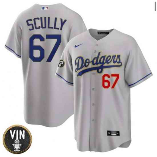 Men Los Angeles Dodgers #67 Vin Scully 2022 Grey Vin Scully Patch Cool Base Stitched Baseball Jersey